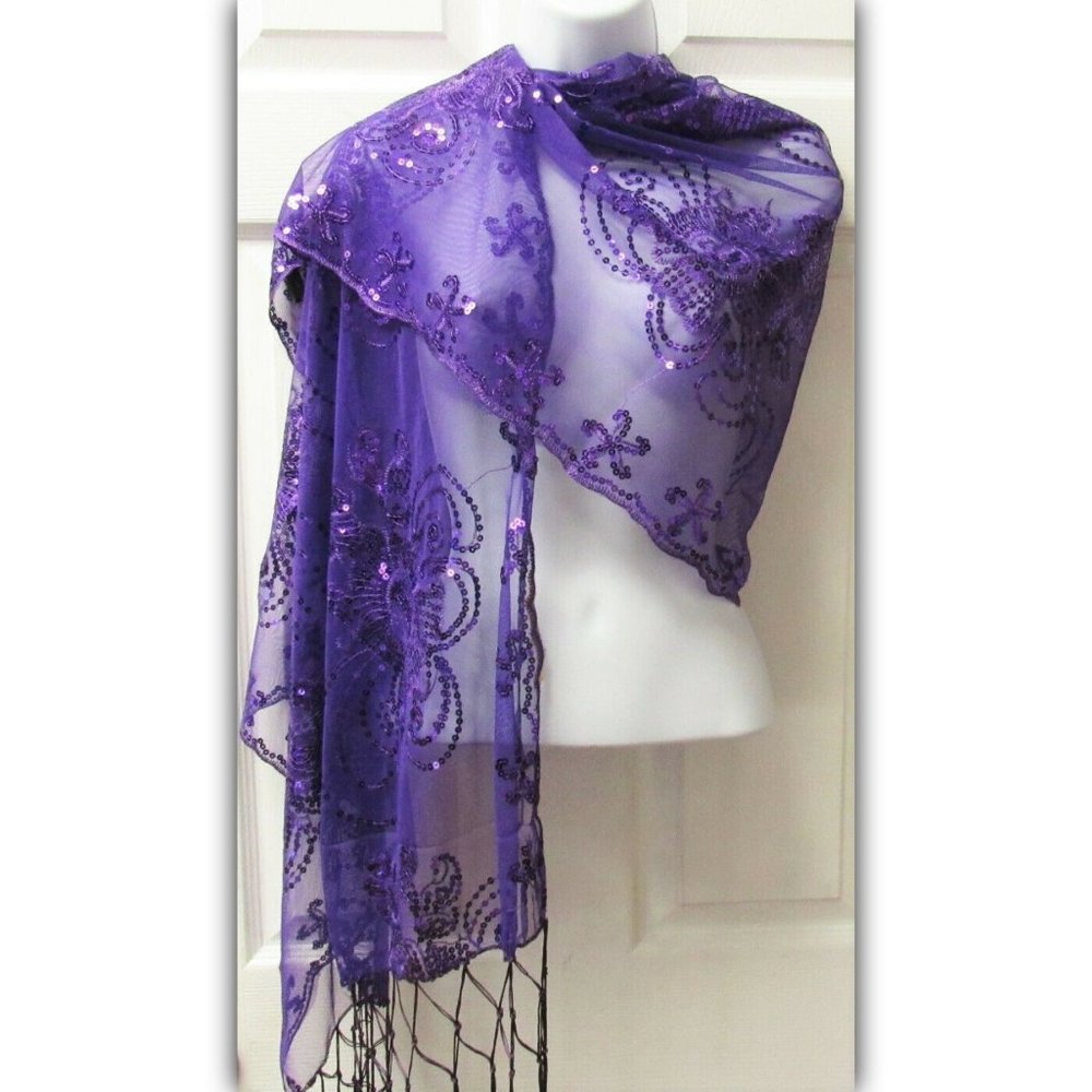 Purple Dressy Sequin Sparkle Fringed Scarf Shawl Wrap Wedding Bridal Formal